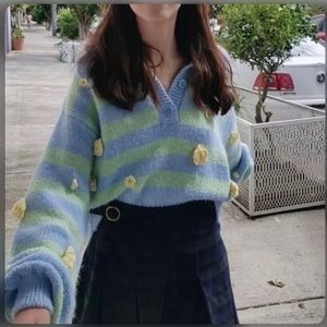 Zara Knit Stripe Floral Patch Sweater Size Medium